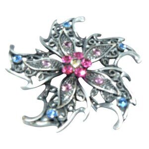 Silver-Tone Filigree Flower Brooch Pin Multicolored Rhinestones Vintage